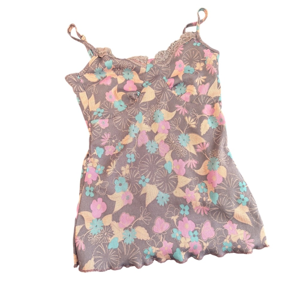 Vintage Y2K Floral Butterfly Mesh Camisole Lace Trim Lettuce Hem Purple Top